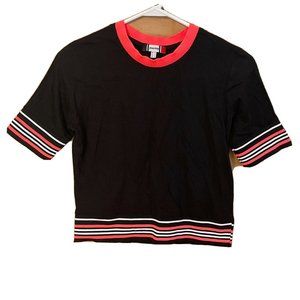 jennyfer womens sz small Neon striped trim ribbed crop Black tee